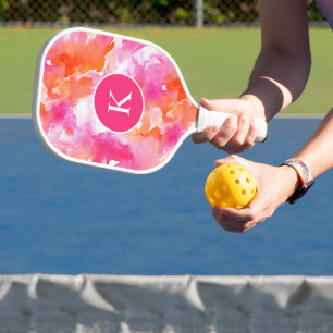 Monogram Watercolor Pink Orange Abstract Pickleball Paddle