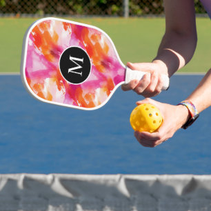 Monogram Watercolor Pink Orange Abstract Pickleball Paddle
