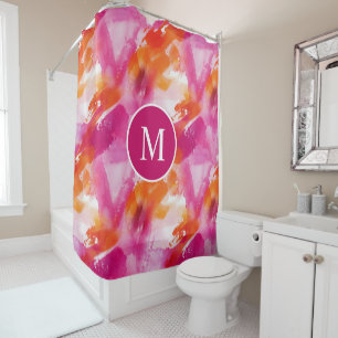 Monogram Watercolor Pink Orange Abstract Shower Curtain
