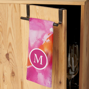 Monogram Watercolor Pink Orange Abstract Tea Towel