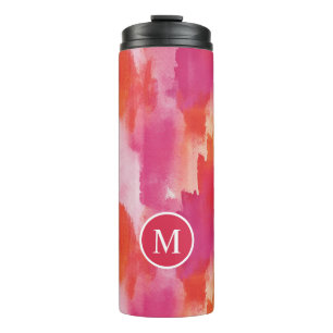 Monogram Watercolor Pink Orange Abstract Thermal Tumbler