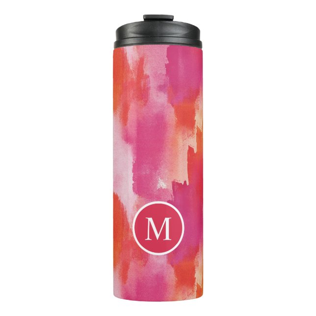 Monogram Watercolor Pink Orange Abstract Thermal Tumbler (Front)