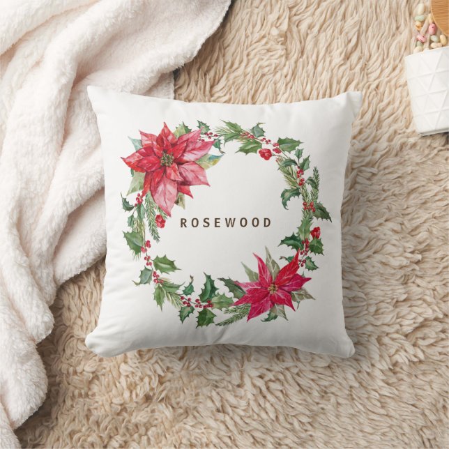 Monogram Watercolor Poinsettia Christmas Wreath Cushion (Blanket)