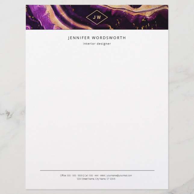 Monogram Watercolor Professional Purple Agate Custom Letterhead (Front)