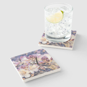 Monogram Watercolor purple azalea blossom Stone Coaster