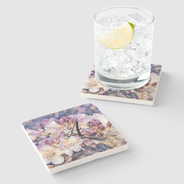 Monogram Watercolor purple azalea blossom  Stone Coaster (Side)