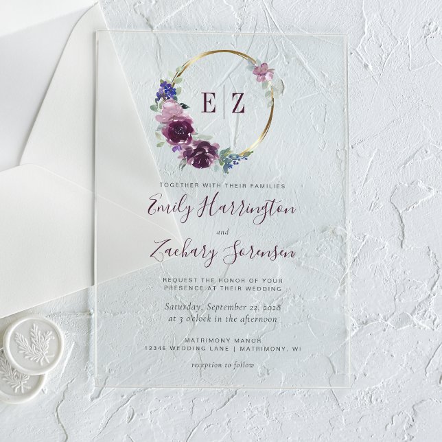 Monogram Watercolor Purple Floral Wreath Wedding Acrylic Invitations (Creator Uploaded)