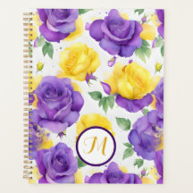 Monogram Watercolor Purple Yellow Rose 