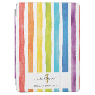 Monogram Watercolor Rainbow Colourful Stripes Name iPad Air Cover