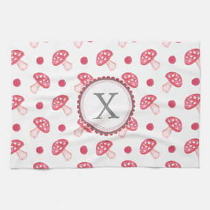 monogram watercolor red mushrooms tea towel
