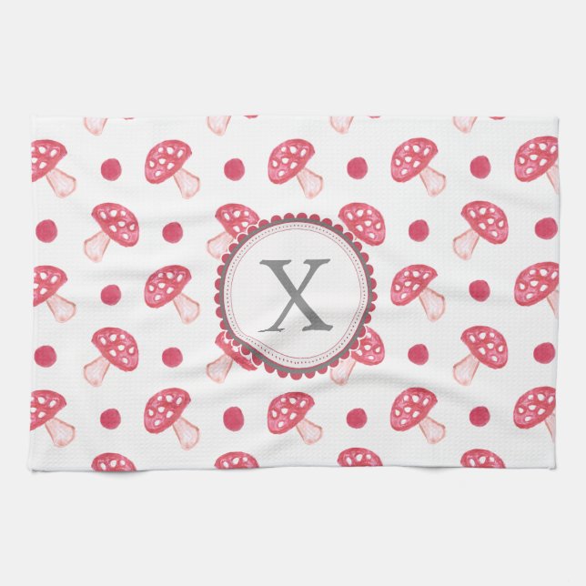 monogram watercolor red mushrooms tea towel (Horizontal)