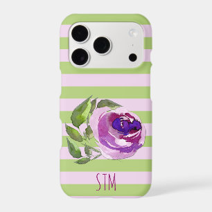 Monogram Watercolor Rose Pastel Stripes Custom