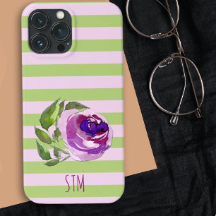 Monogram Watercolor Rose Pastel Stripes Custom iPhone 13 Pro Case