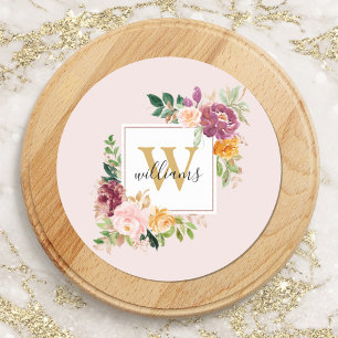 Monogram Watercolor Roses Gold Flower Floral Classic Round Sticker