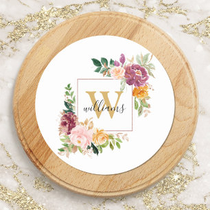 Monogram Watercolor Roses Gold Flower Floral Classic Round Sticker