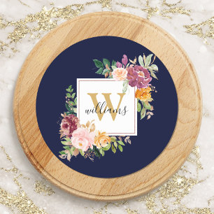 Monogram Watercolor Roses Gold Flower Floral Classic Round Sticker