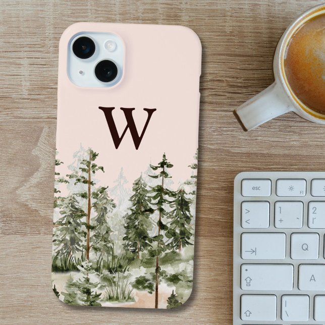 Monogram Watercolor Rustic Green Forest iPhone Case (In situ)