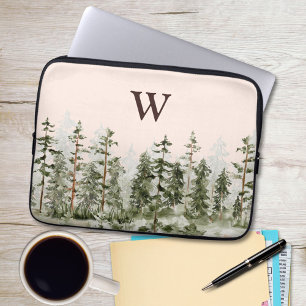 Monogram Watercolor Rustic Green Forest Laptop Sleeve