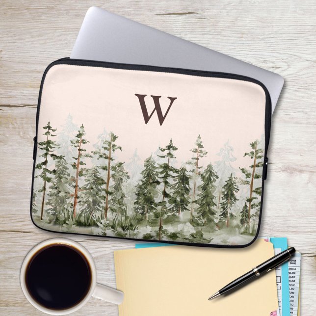 Monogram Watercolor Rustic Green Forest Laptop Sleeve (In situ)