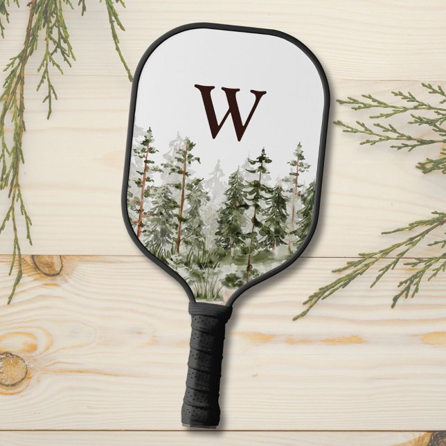 Monogram Watercolor Rustic Green Forest Pickleball Paddle (In situ)