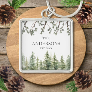 Monogram Watercolor Rustic Pine Trees and Branches Key Ring