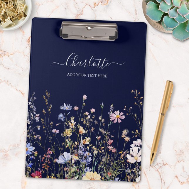 Monogram Watercolor Rustic Pretty Wildflower Field Clipboard (In situ)