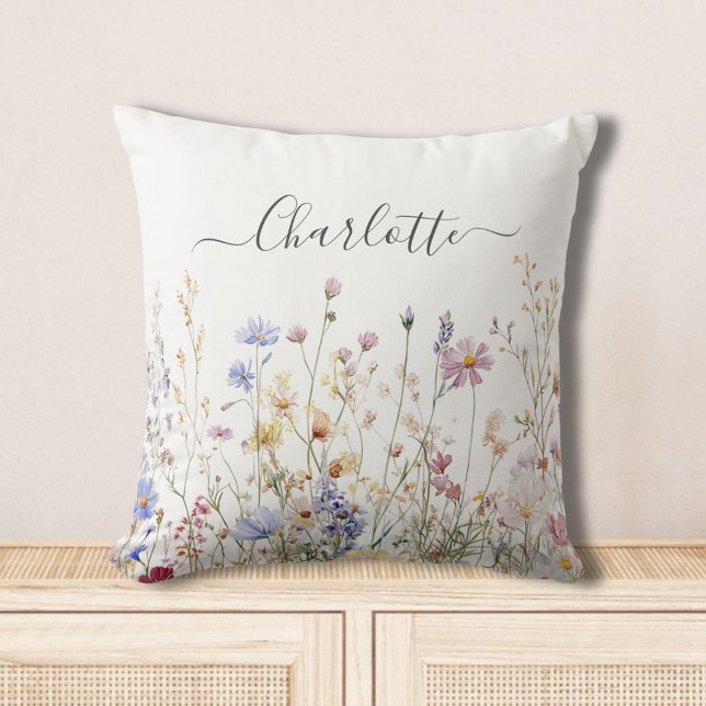 Monogram Watercolor Rustic Pretty Wildflower Field Cushion (In situ)