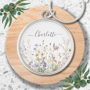 Monogram Watercolor Rustic Pretty Wildflower Field Key Ring