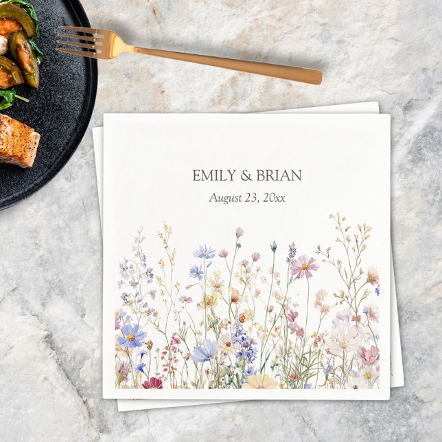 Monogram Watercolor Rustic Pretty Wildflower Field Napkin (In situ)