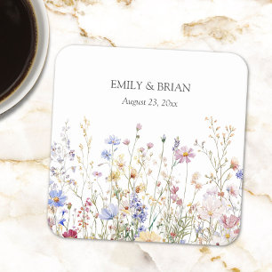 Monogram Watercolor Rustic Pretty Wildflower Field Square Paper Coaster