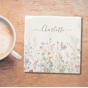 Monogram Watercolor Rustic Pretty Wildflower Field Stone Coaster