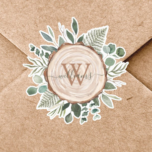 Monogram Watercolor Rustic Wood Slice and Foliage