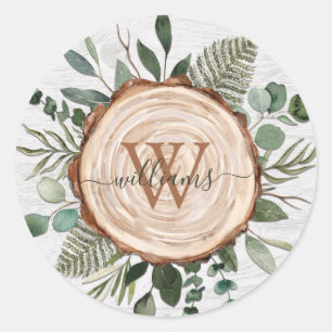 Monogram Watercolor Rustic Wood Slice and Foliage Classic Round Sticker
