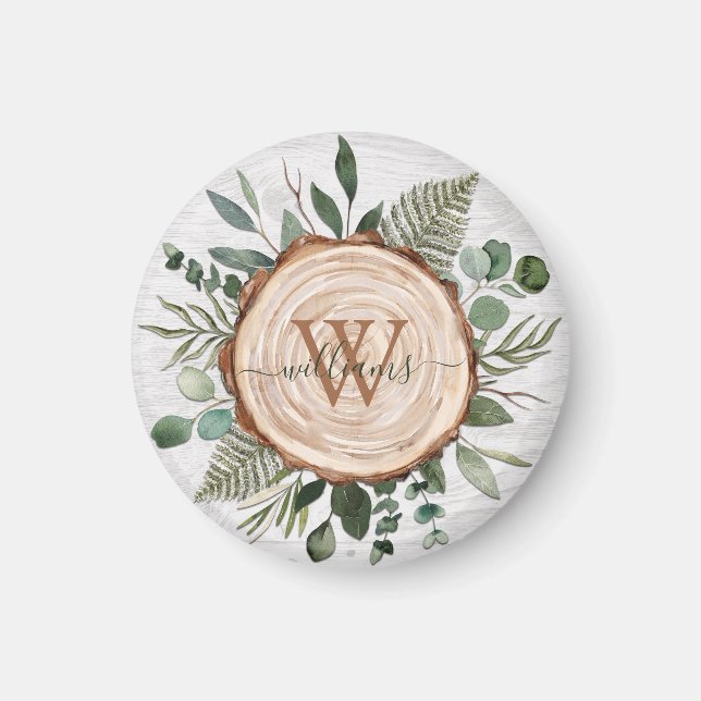 Monogram Watercolor Rustic Wood Slice and Foliage Magnet (Front)