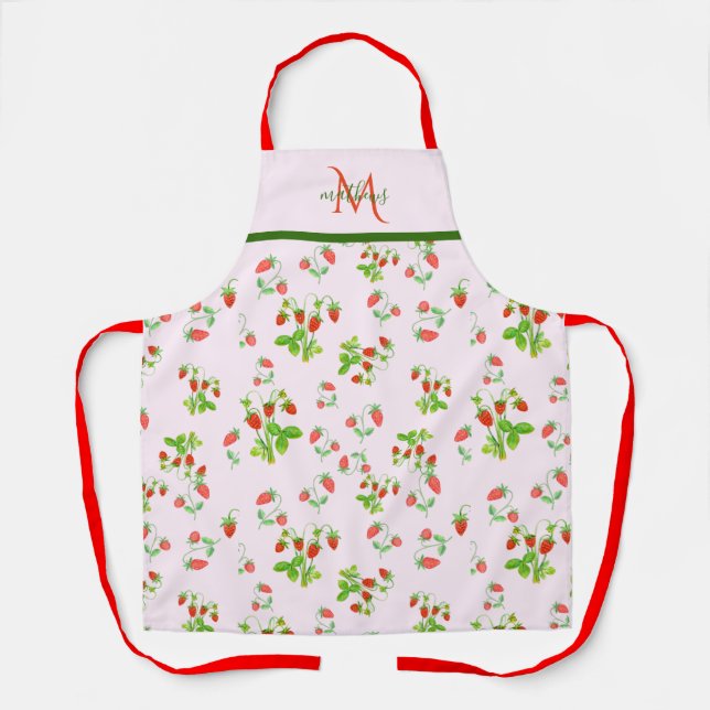 Monogram Watercolor Strawberry Pattern on Pink   Apron (Front)