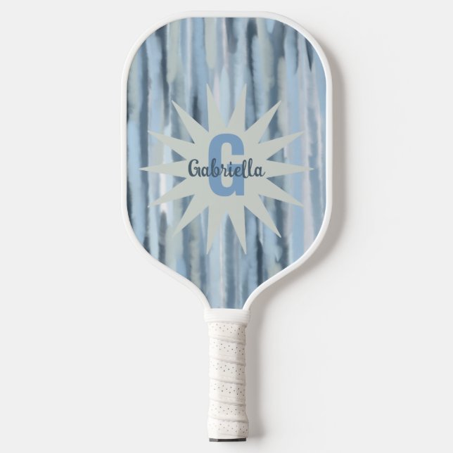 Monogram watercolor stripes blue navy grey pattern pickleball paddle (Front)
