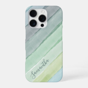 Monogram Watercolor Stripes Gradient Green Blue iPhone 16 Pro Case