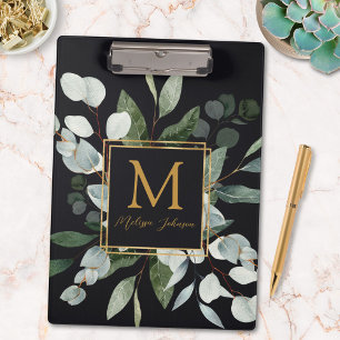 Monogram Watercolor Tropical Eucalyptus Black Clipboard