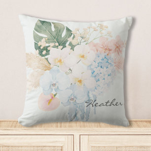 Monogram Watercolor Tropical Flower Bouquet Floral Cushion