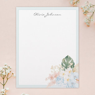 Monogram Watercolor Tropical Flower Bouquet Floral Custom Letterhead