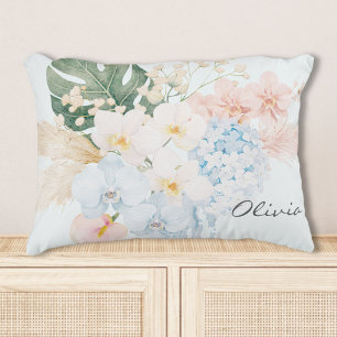 Monogram Watercolor Tropical Flower Bouquet Floral Decorative Cushion