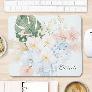 Monogram Watercolor Tropical Flower Bouquet Floral Mouse Mat