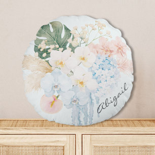 Monogram Watercolor Tropical Flower Bouquet Floral Round Cushion