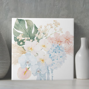 Monogram Watercolor Tropical Flower Bouquet Floral Tile