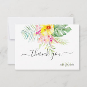Monogram Watercolor Tropical Flowers Foliage Thank You Card