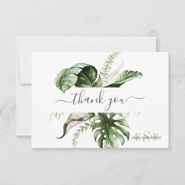 Monogram Watercolor Tropical Foliage Thank Thank Y You Card (Front)