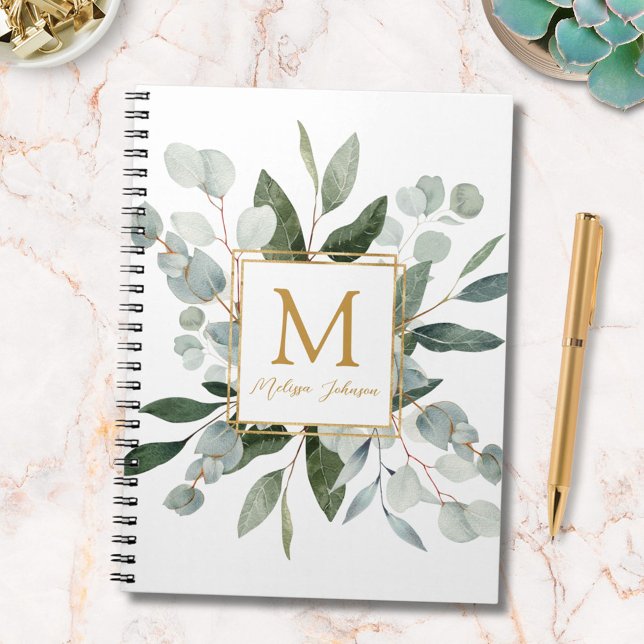 Monogram Watercolor Tropical Green Eucalyptus Notebook (In situ)