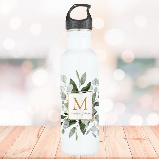 Monogram Watercolor Tropical Green Leaves 710 Ml Water Bottle (In situ)