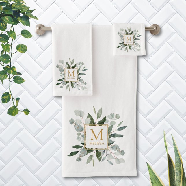 Monogram Watercolor Tropical Green Leaves Bath Towel Set (in situ)