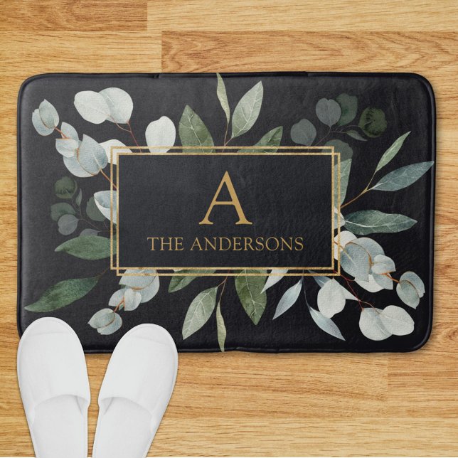 Monogram Watercolor Tropical Green Leaves Black Bath Mat (In situ)